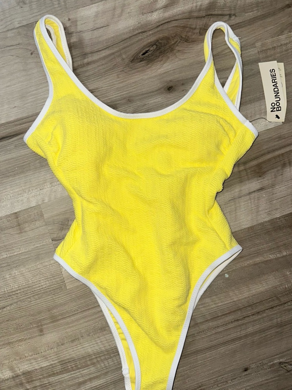 No Boundaries Yellow One-Piece Swimsuit with White Trim Accents